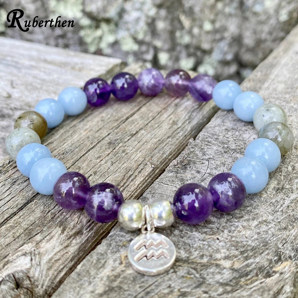 Aquarius Zodiac Charm Bracelet with Natural Purple Crystal - Ruberthen Aqua Marine Mala Yoga Jewelry for Women