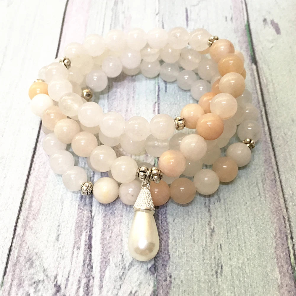 Serene Balance 108 White Jade Mala Bracelet with Pearl Charm and Pink Aventurine for Yoga and Meditation