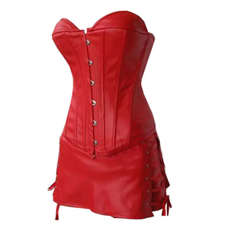 Crimson Leather Strapless Corset & Black Latex Bustier Set - Alluring Lingerie and Skirt