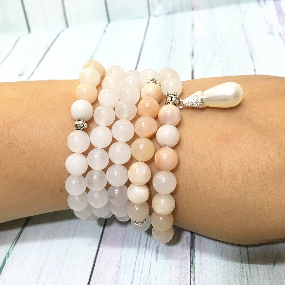 Serene Balance 108 White Jade Mala Bracelet with Pearl Charm and Pink Aventurine for Yoga and Meditation