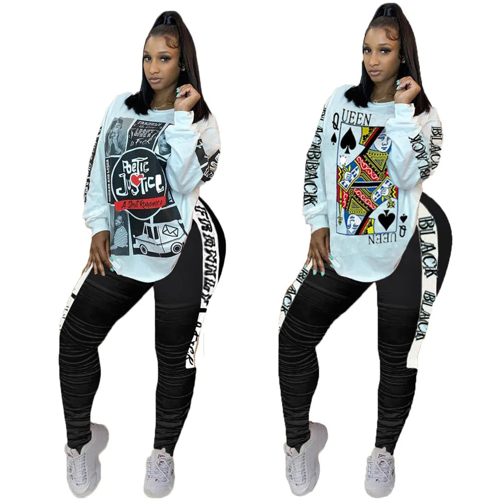 Sari Chic Plus Size Two-Piece Tracksuit Set for Women - Stylish Casual Round Neck Sweat Suit with Print Tops and Pants