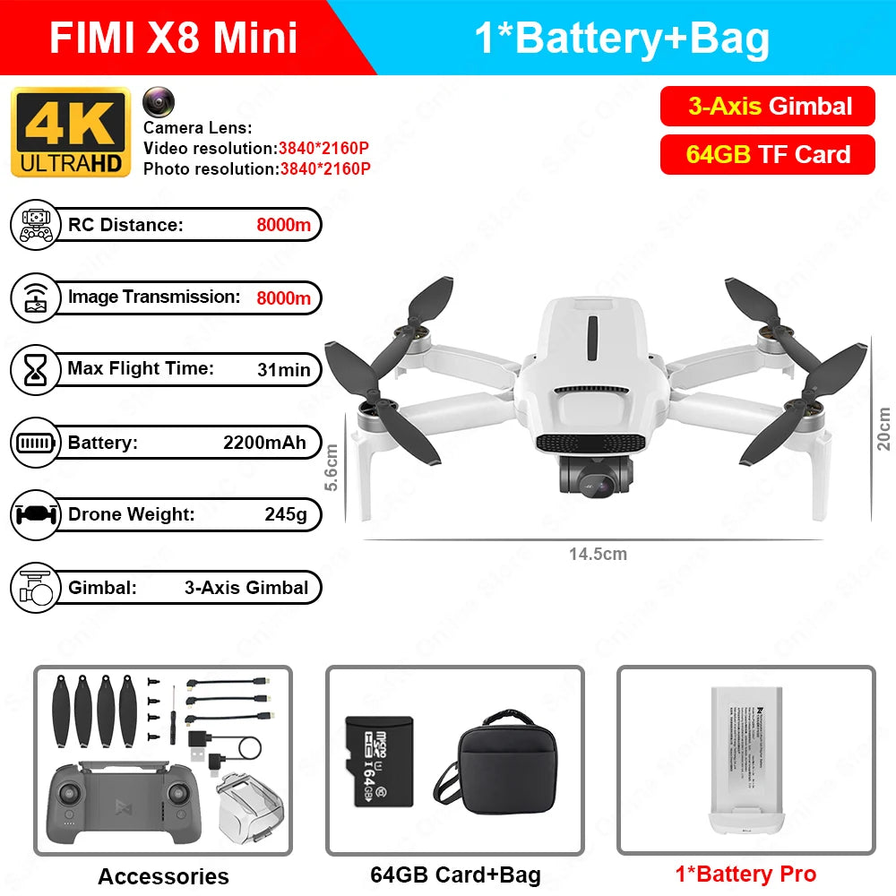 FIMI X8 Mini Pro 4K Ultra HD Drone with 5G FPV and Intelligent 3-Axis Gimbal Camera