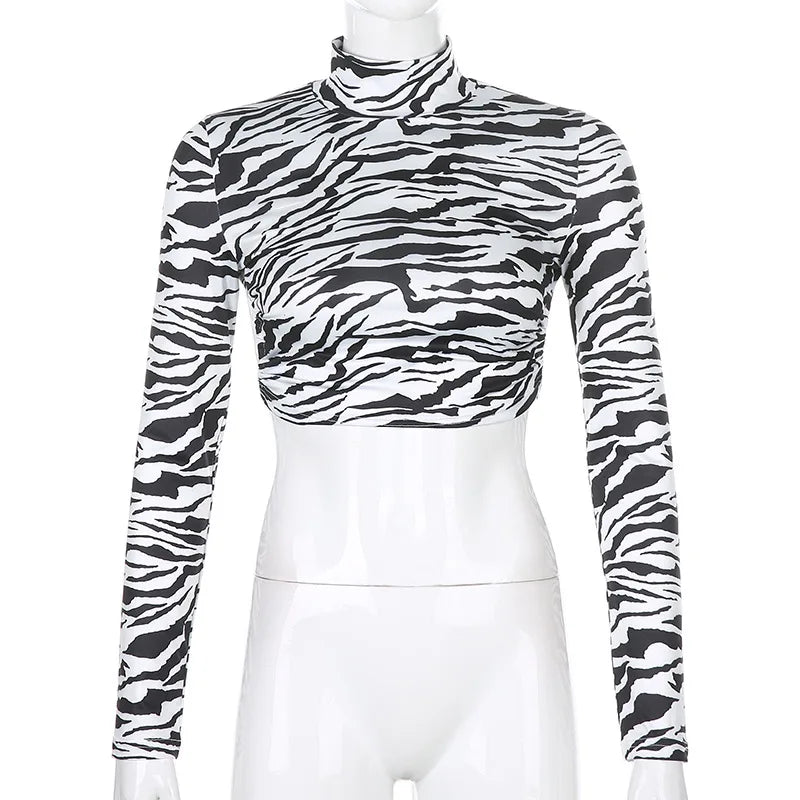 Zebra Print Backless Long Sleeve Crop Top for Women - Stylish Streetwear Tee