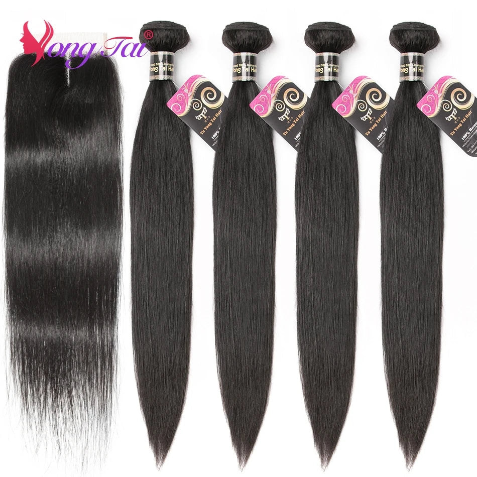 YuYongtai Premium Bone Straight Brazilian Hair Bundles with Closure - Double Weft Non-Remy Extensions