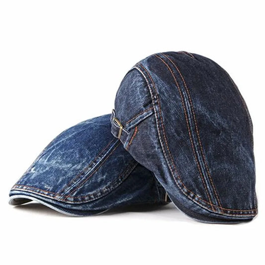 Unisex Denim Newsboy Cap - Stylish Washed Flat Peaked Beret for All Seasons