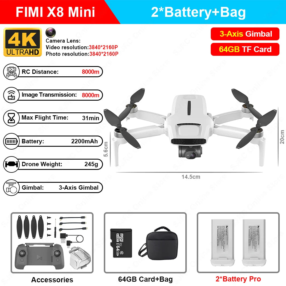 FIMI X8 Mini Pro 4K Ultra HD Drone with 5G FPV and Intelligent 3-Axis Gimbal Camera