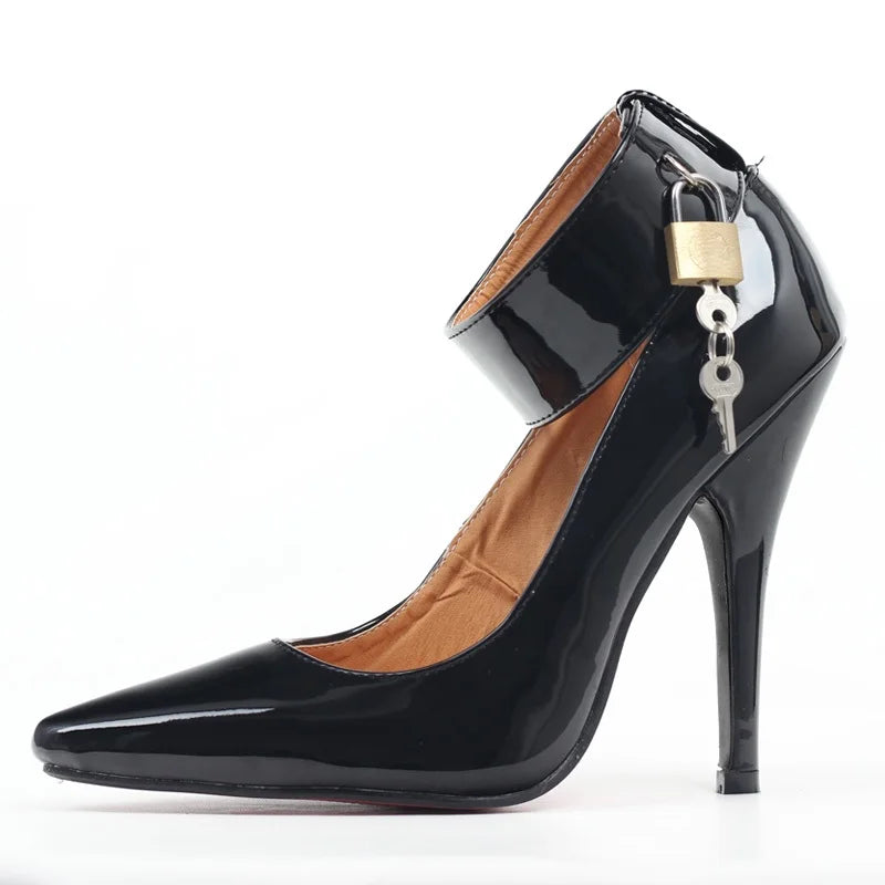 FHC 12CM Customizable Fetish High Heels with Lock and Key, Stylish Ankle Strap Pumps for Women, Available in Sizes 45 and 46