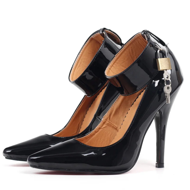 FHC 12CM Customizable Fetish High Heels with Lock and Key, Stylish Ankle Strap Pumps for Women, Available in Sizes 45 and 46