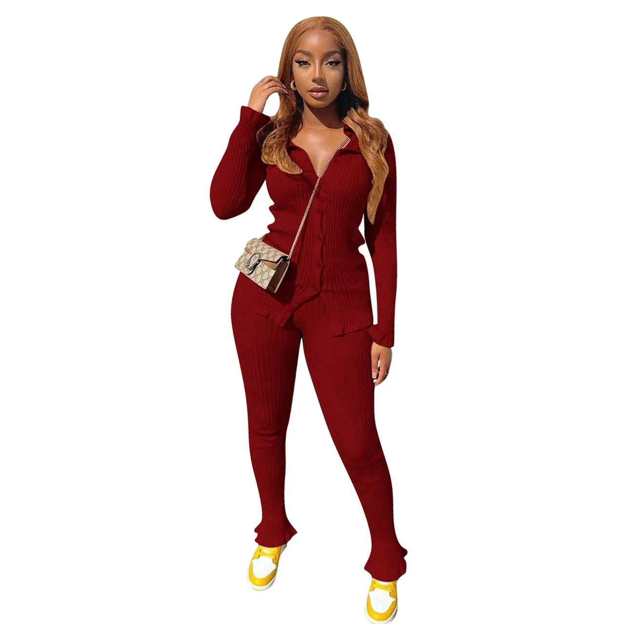 Chic Rib Knit Workout Set for Women - Long Sleeve Button-Up Sweatshirt & Leggings Tracksuit