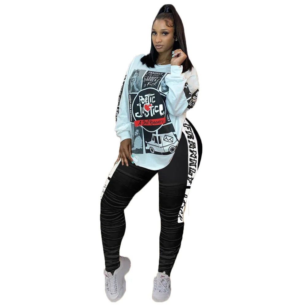 Sari Chic Plus Size Two-Piece Tracksuit Set for Women - Stylish Casual Round Neck Sweat Suit with Print Tops and Pants