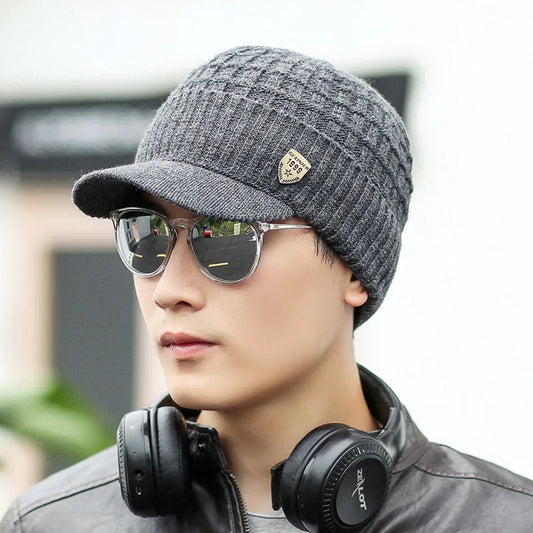 Men's Knitted Wool Visor Hat - Stylish Winter Cap for Outdoor Activities