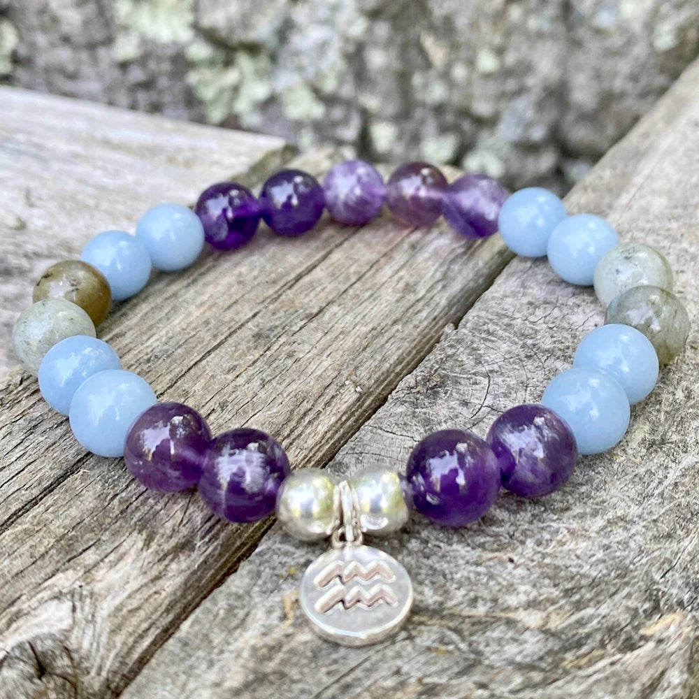 Aquarius Zodiac Charm Bracelet with Natural Purple Crystal - Ruberthen Aqua Marine Mala Yoga Jewelry for Women