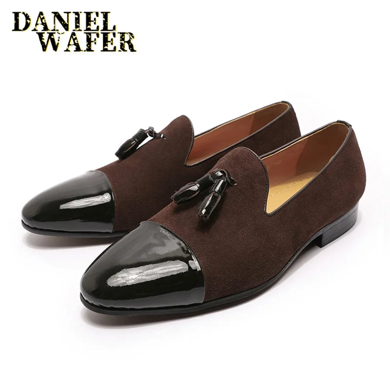 Stylish Men's Suede and Patent Leather Tassel Loafers - Perfect for Office and Weddings in Black & Brown