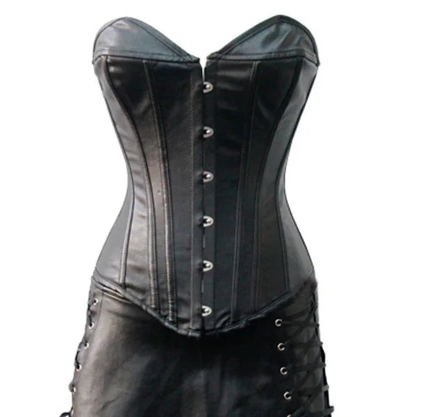 Crimson Leather Strapless Corset & Black Latex Bustier Set - Alluring Lingerie and Skirt