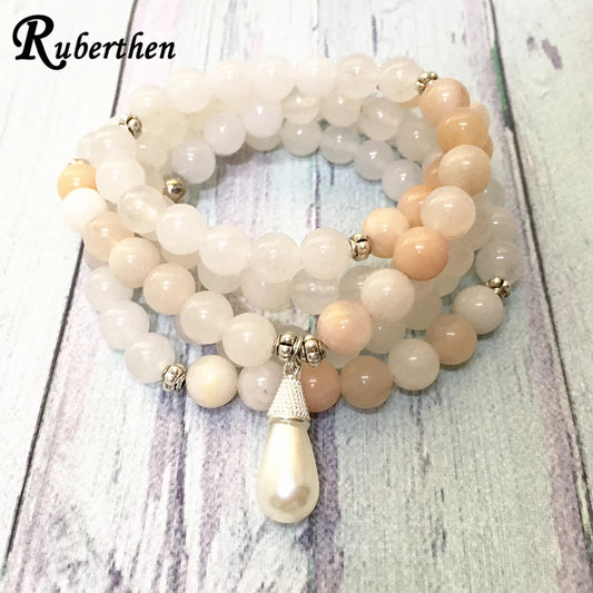 Serene Balance 108 White Jade Mala Bracelet with Pearl Charm and Pink Aventurine for Yoga and Meditation