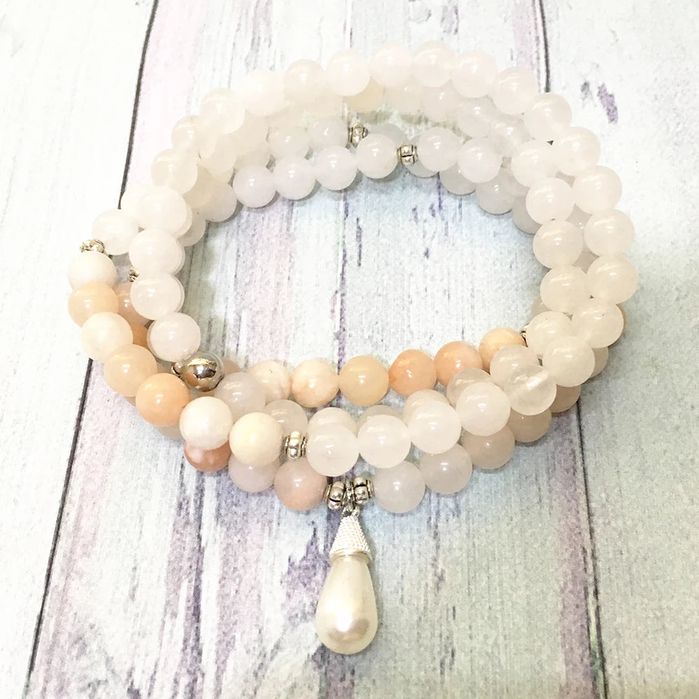 Serene Balance 108 White Jade Mala Bracelet with Pearl Charm and Pink Aventurine for Yoga and Meditation