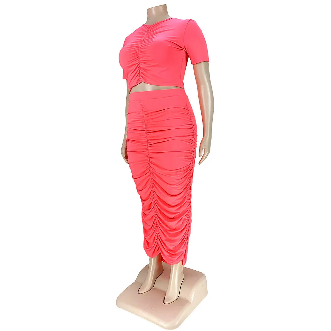 Chic Summer Bodycon Two-Piece Set for Women: Stylish Pleated Crop Top and Skirt Ensemble