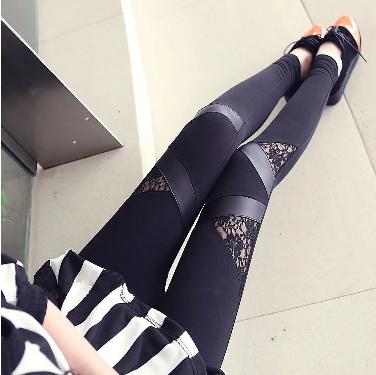 Chic PU Lace Leggings for All Seasons - Stylish & Comfortable Women's Workout and Casual Pants