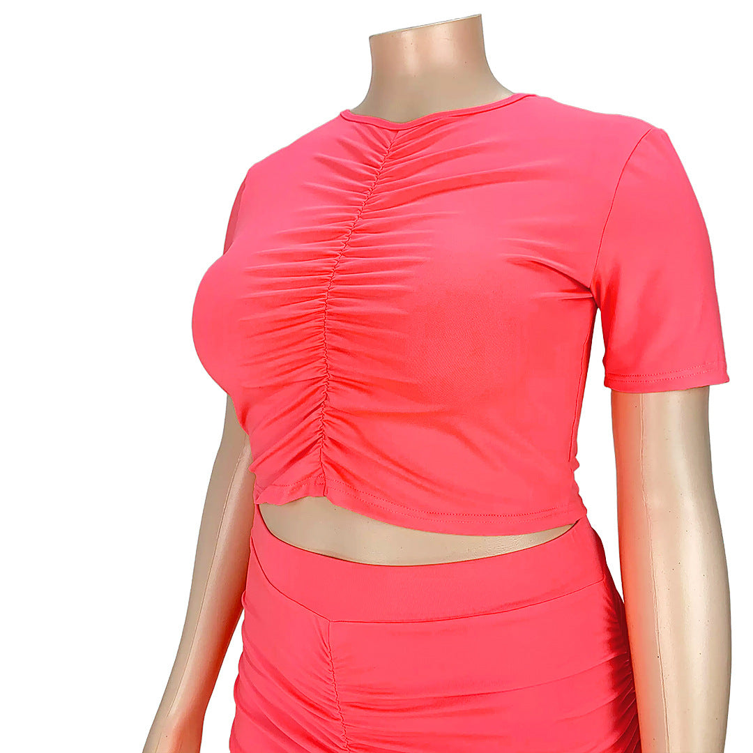 Chic Summer Bodycon Two-Piece Set for Women: Stylish Pleated Crop Top and Skirt Ensemble