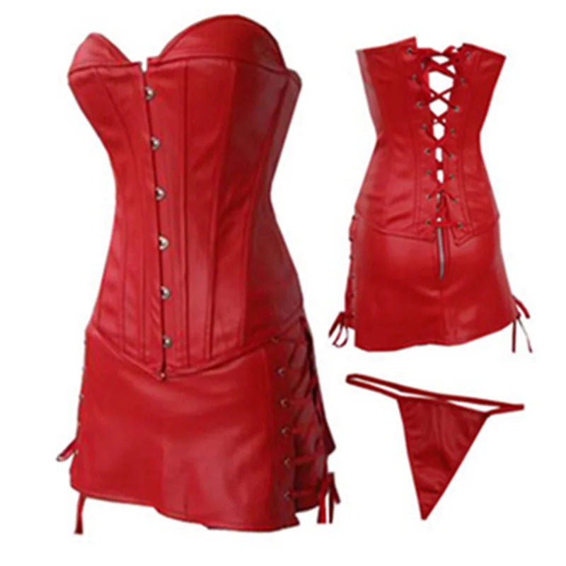 Crimson Leather Strapless Corset & Black Latex Bustier Set - Alluring Lingerie and Skirt