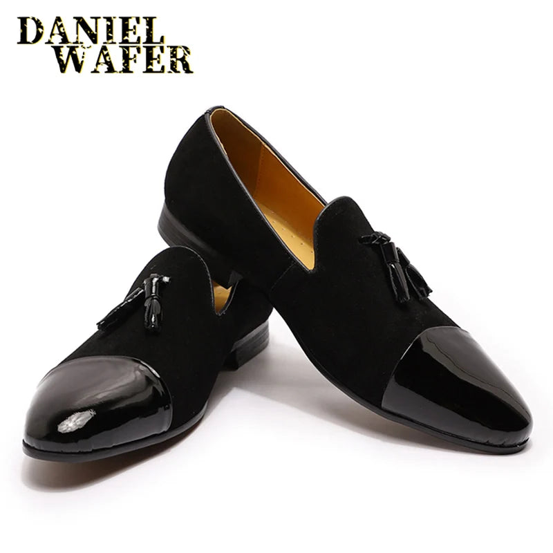 Stylish Men's Suede and Patent Leather Tassel Loafers - Perfect for Office and Weddings in Black & Brown