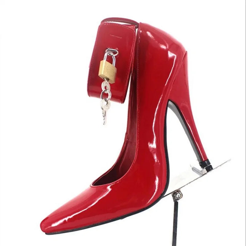 FHC 12CM Customizable Fetish High Heels with Lock and Key, Stylish Ankle Strap Pumps for Women, Available in Sizes 45 and 46