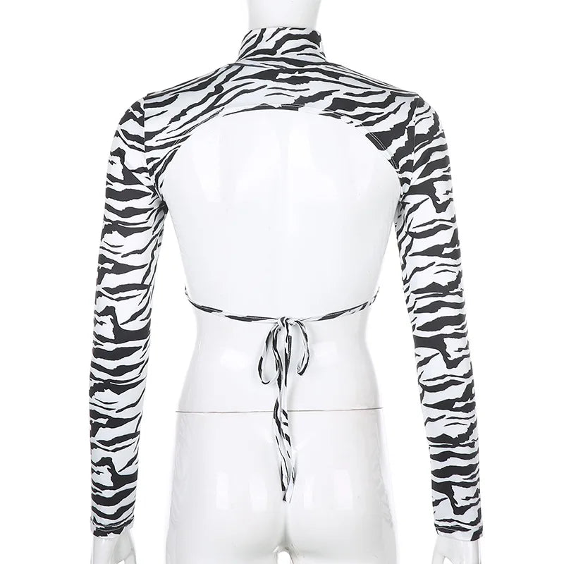 Zebra Print Backless Long Sleeve Crop Top for Women - Stylish Streetwear Tee