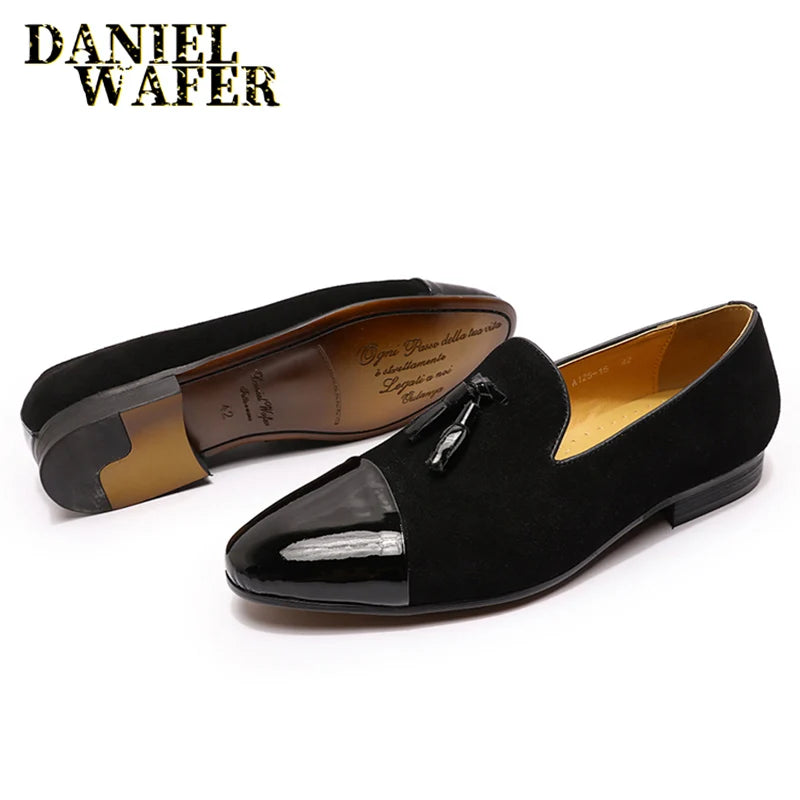 Stylish Men's Suede and Patent Leather Tassel Loafers - Perfect for Office and Weddings in Black & Brown