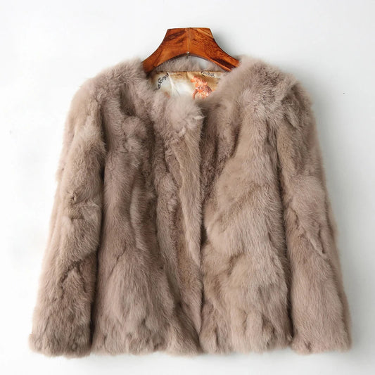 2024 Women's Genuine Rex Rabbit Fur Coat - Stylish Super Thin Leather Jacket with Round Collar and Long Sleeves