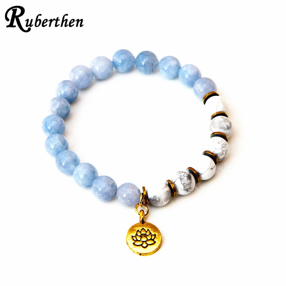 Ruberthen 8 mm Howlite Gemstone Lotus Yoga Mala Bracelet - A Meaningful Mother's Day Gift for Mindfulness and Style