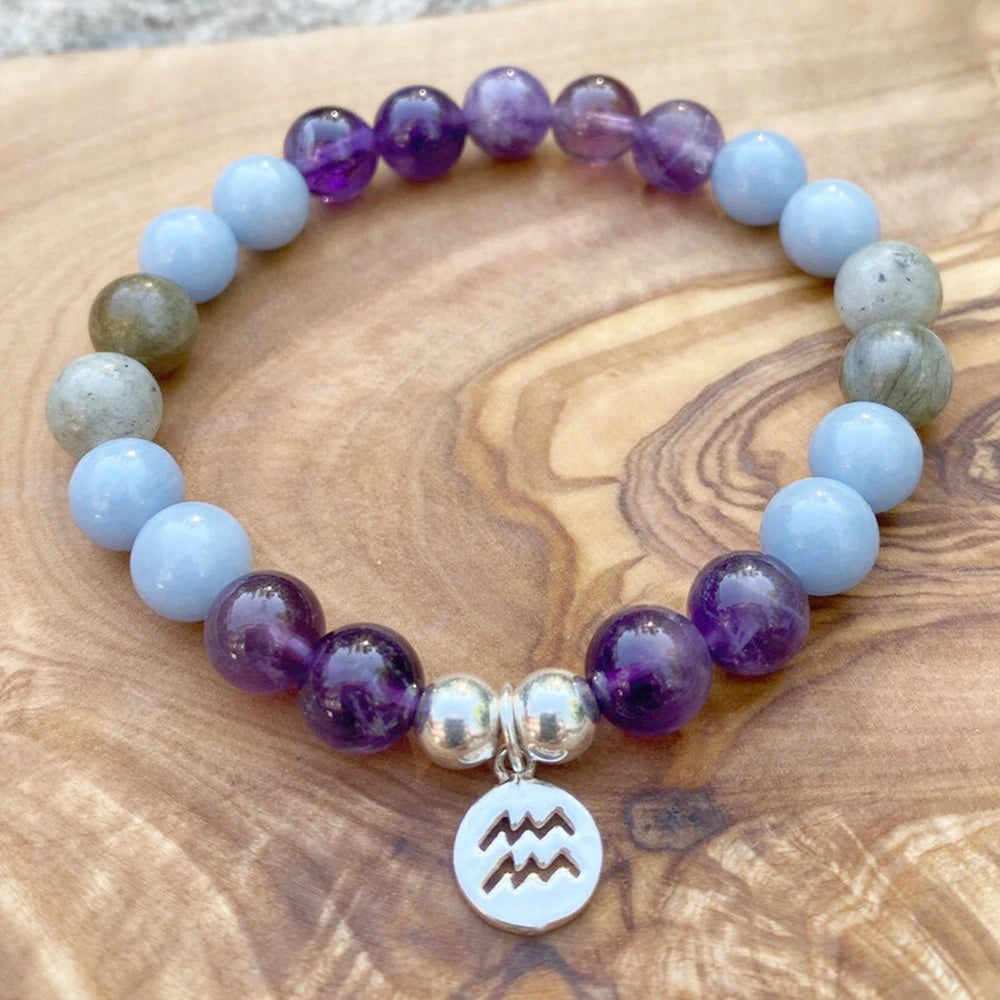 Aquarius Zodiac Charm Bracelet with Natural Purple Crystal - Ruberthen Aqua Marine Mala Yoga Jewelry for Women