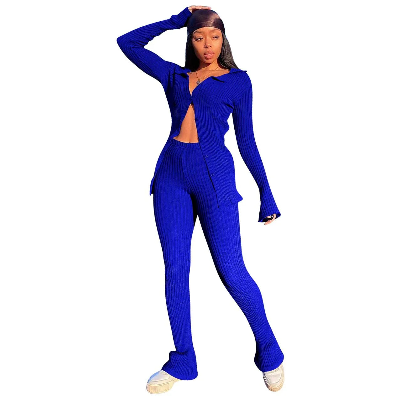 Chic Rib Knit Workout Set for Women - Long Sleeve Button-Up Sweatshirt & Leggings Tracksuit