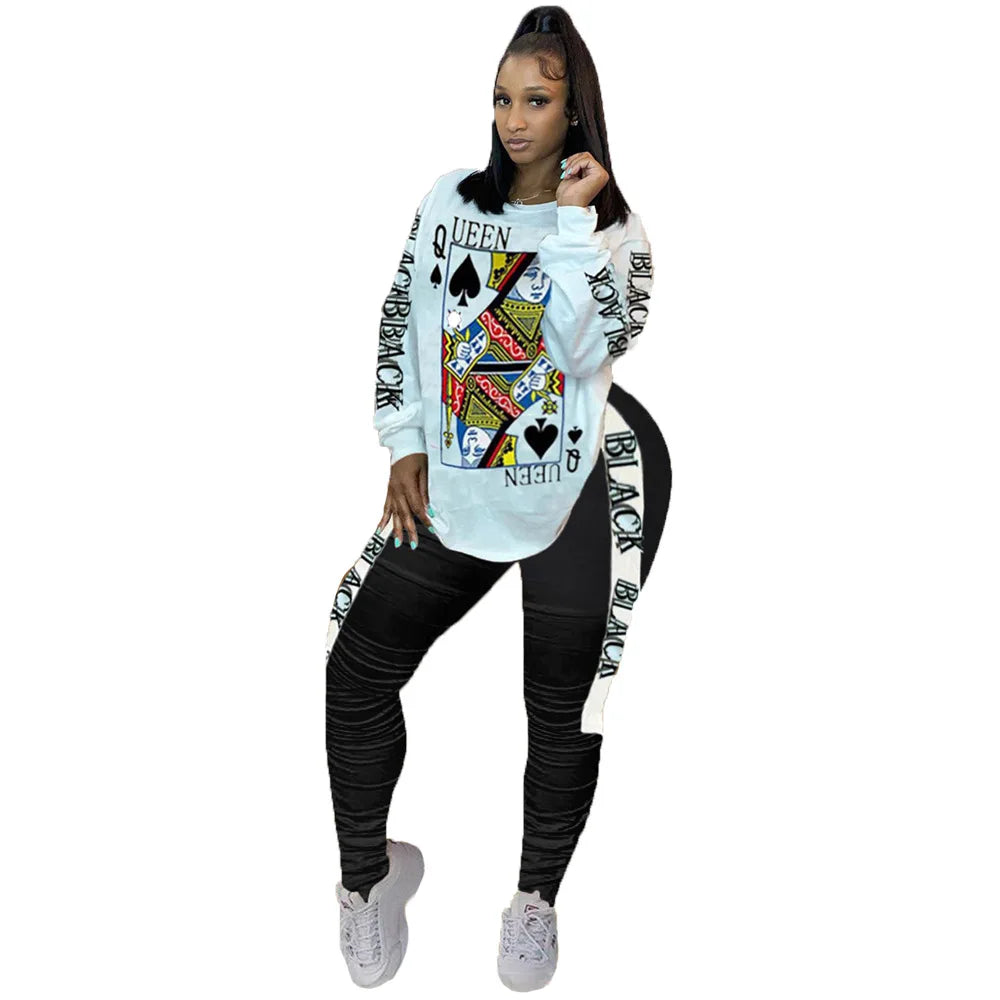 Sari Chic Plus Size Two-Piece Tracksuit Set for Women - Stylish Casual Round Neck Sweat Suit with Print Tops and Pants