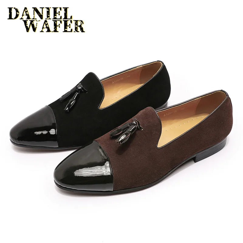 Stylish Men's Suede and Patent Leather Tassel Loafers - Perfect for Office and Weddings in Black & Brown