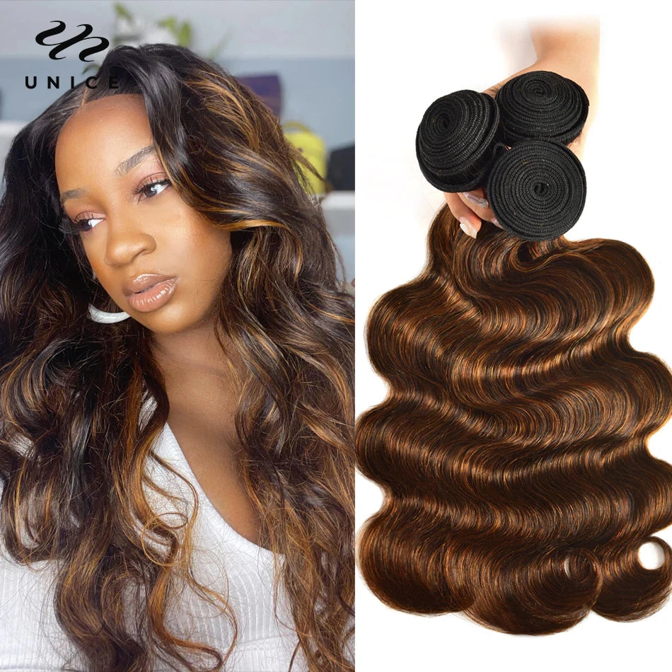 Unice FB30 Ombre Brown Balayage Body Wave Human Hair Bundles - 3PCS Premium Sew-In Weaves