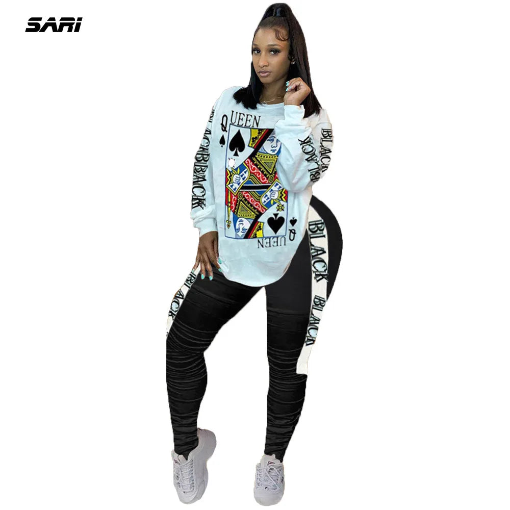 Sari Chic Plus Size Two-Piece Tracksuit Set for Women - Stylish Casual Round Neck Sweat Suit with Print Tops and Pants