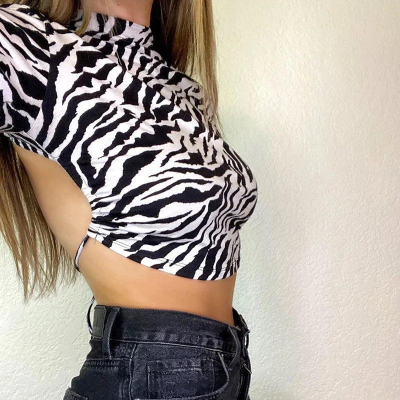 Zebra Print Backless Long Sleeve Crop Top for Women - Stylish Streetwear Tee