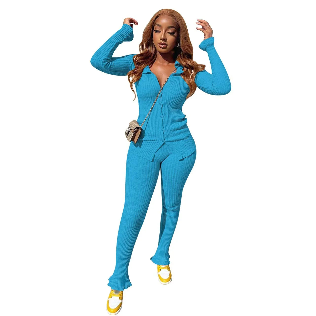 Chic Rib Knit Workout Set for Women - Long Sleeve Button-Up Sweatshirt & Leggings Tracksuit