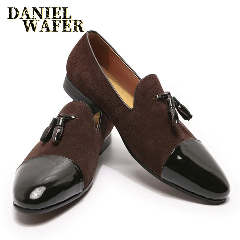 Stylish Men's Suede and Patent Leather Tassel Loafers - Perfect for Office and Weddings in Black & Brown