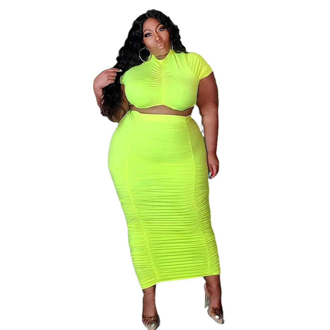 Chic Summer Bodycon Two-Piece Set for Women: Stylish Pleated Crop Top and Skirt Ensemble