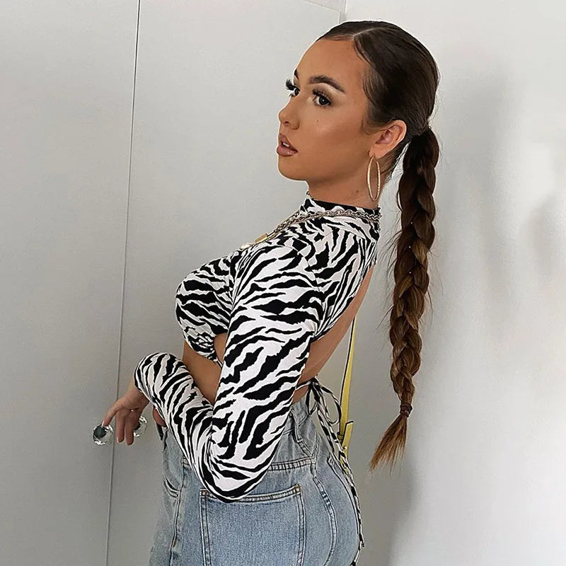 Zebra Print Backless Long Sleeve Crop Top for Women - Stylish Streetwear Tee