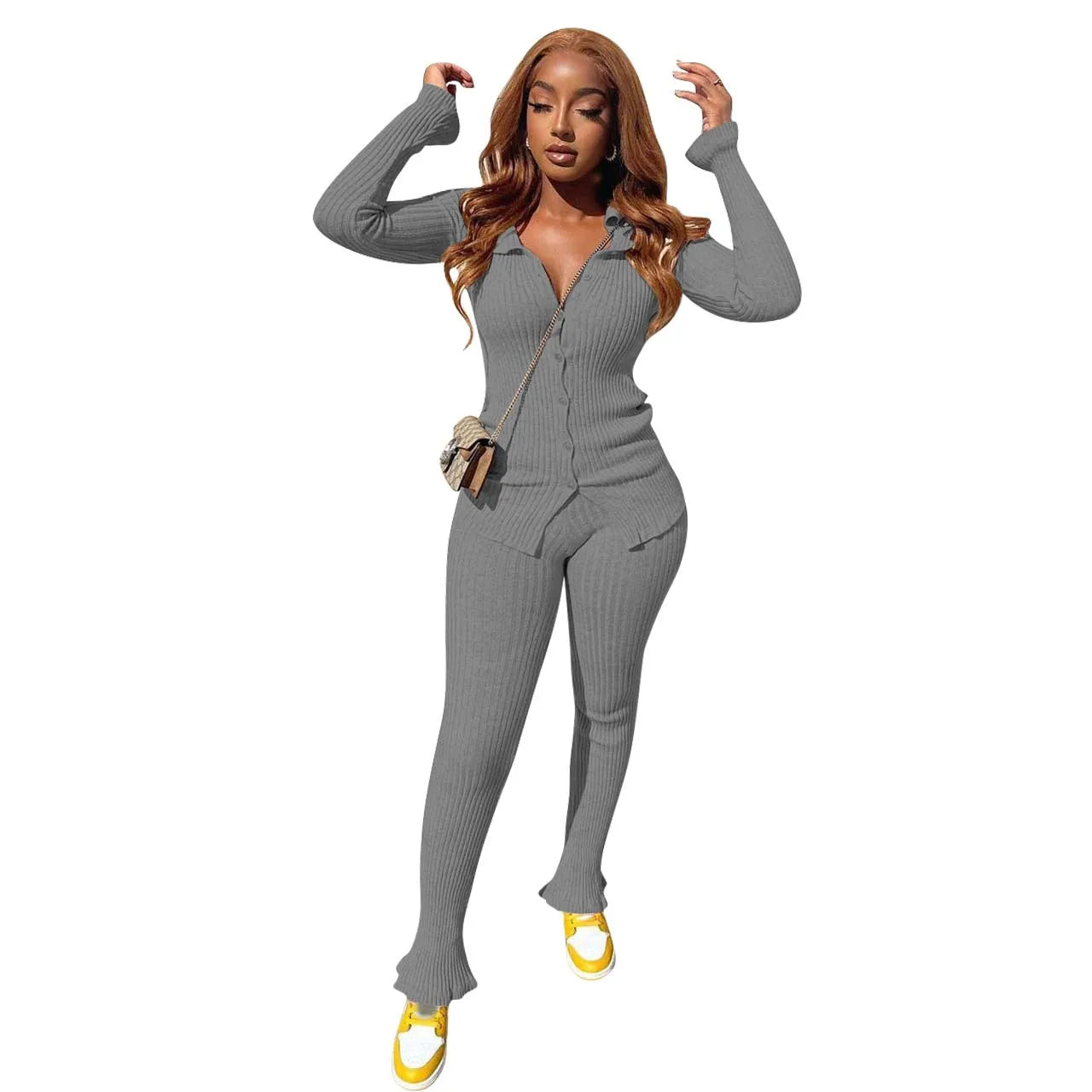 Chic Rib Knit Workout Set for Women - Long Sleeve Button-Up Sweatshirt & Leggings Tracksuit