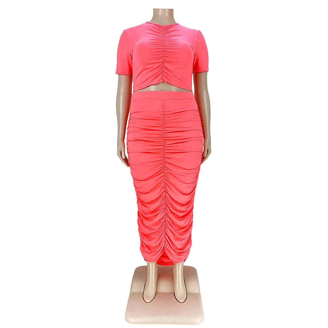 Chic Summer Bodycon Two-Piece Set for Women: Stylish Pleated Crop Top and Skirt Ensemble