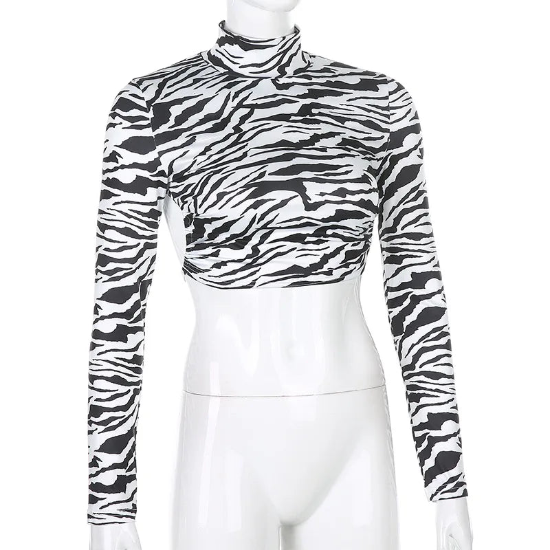 Zebra Print Backless Long Sleeve Crop Top for Women - Stylish Streetwear Tee