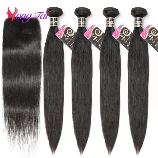 YuYongtai Premium Bone Straight Brazilian Hair Bundles with Closure - Double Weft Non-Remy Extensions