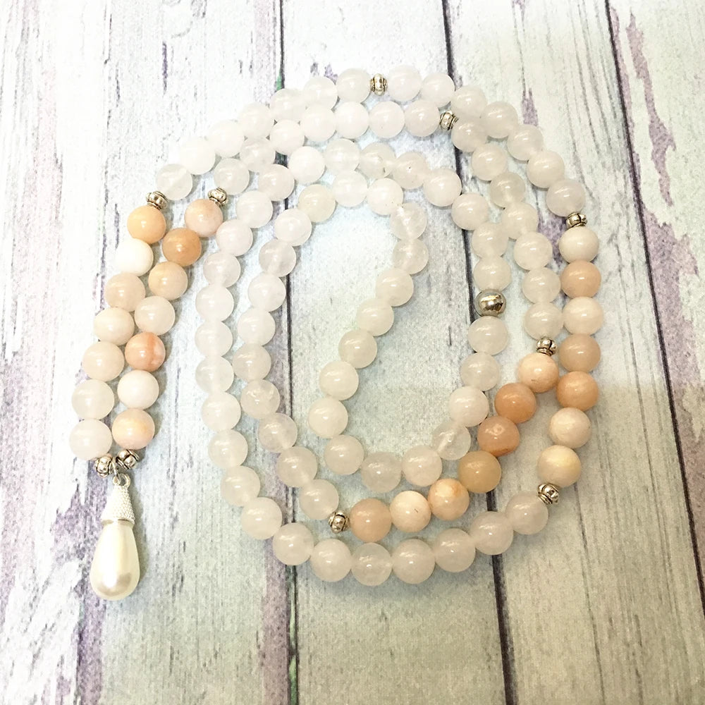 Serene Balance 108 White Jade Mala Bracelet with Pearl Charm and Pink Aventurine for Yoga and Meditation