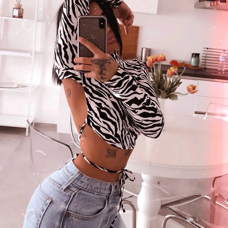 Zebra Print Backless Long Sleeve Crop Top for Women - Stylish Streetwear Tee