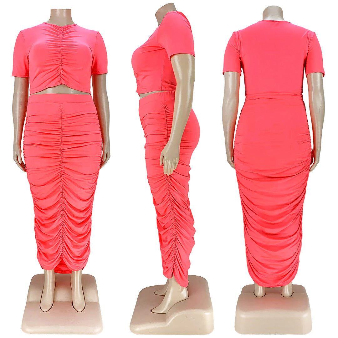 Chic Summer Bodycon Two-Piece Set for Women: Stylish Pleated Crop Top and Skirt Ensemble