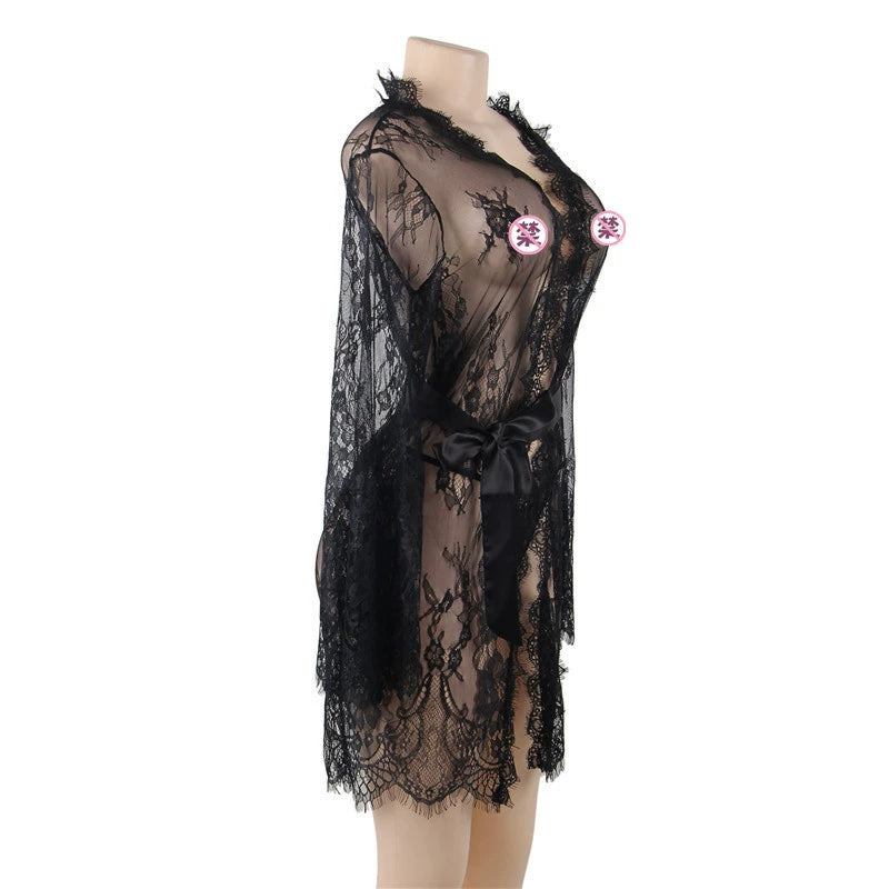 Luxe Lace Long Sleeve Sheer Robe for Alluring Nights