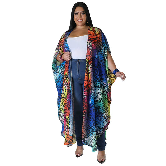 Plus-Size Women's 5XL Printed Shawl Cardigan - Casual Fashion Coat for Every Occasion